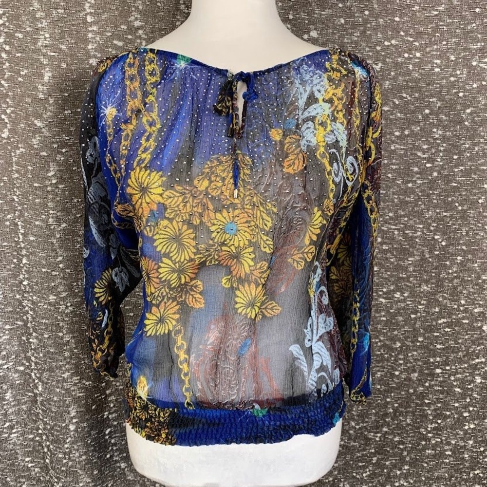 Cache Silk Blue Sheer Floral Rhinestone Peasant Blouse Y2K Women's Medium